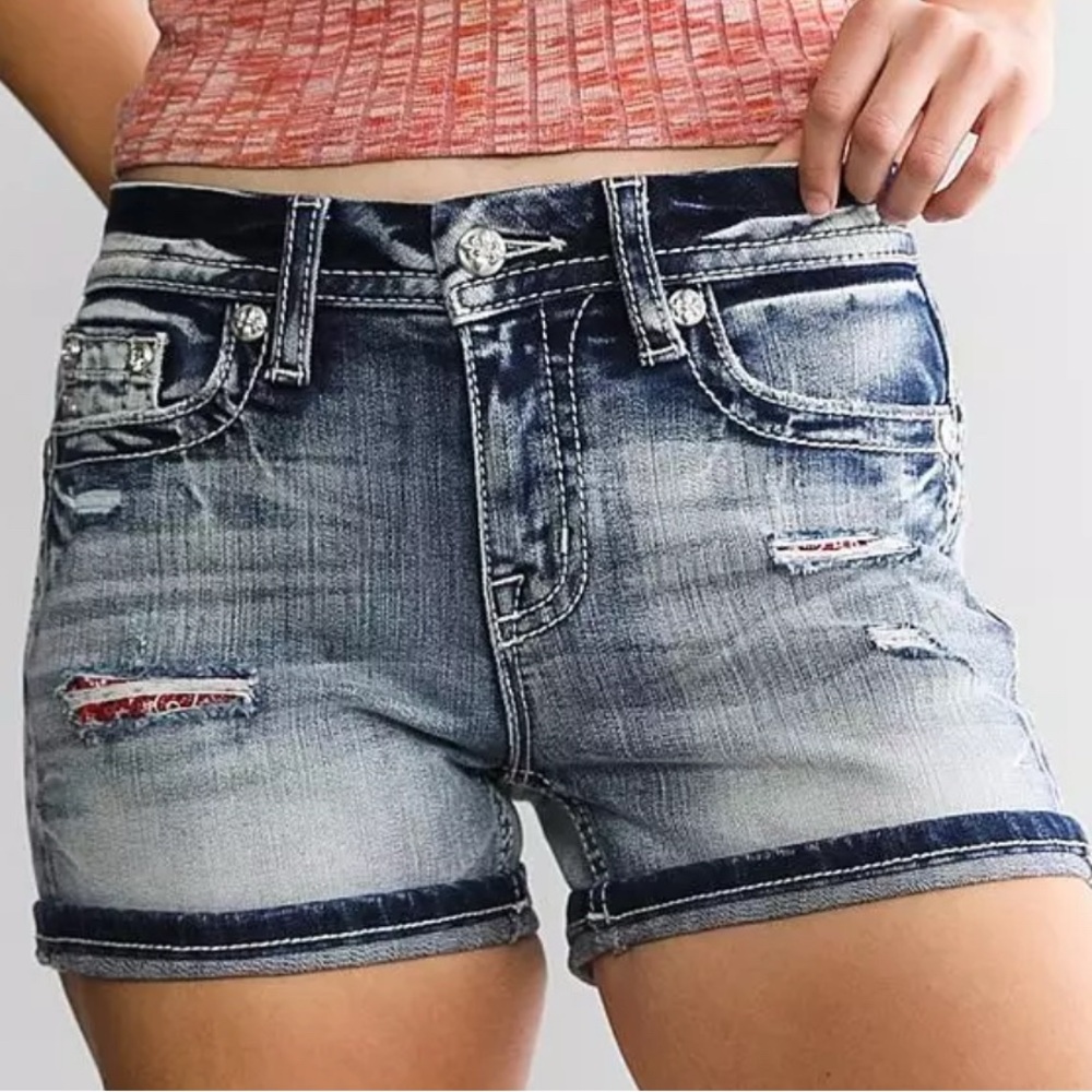 Miss Me Blue Jean Shorts Distressed red banana